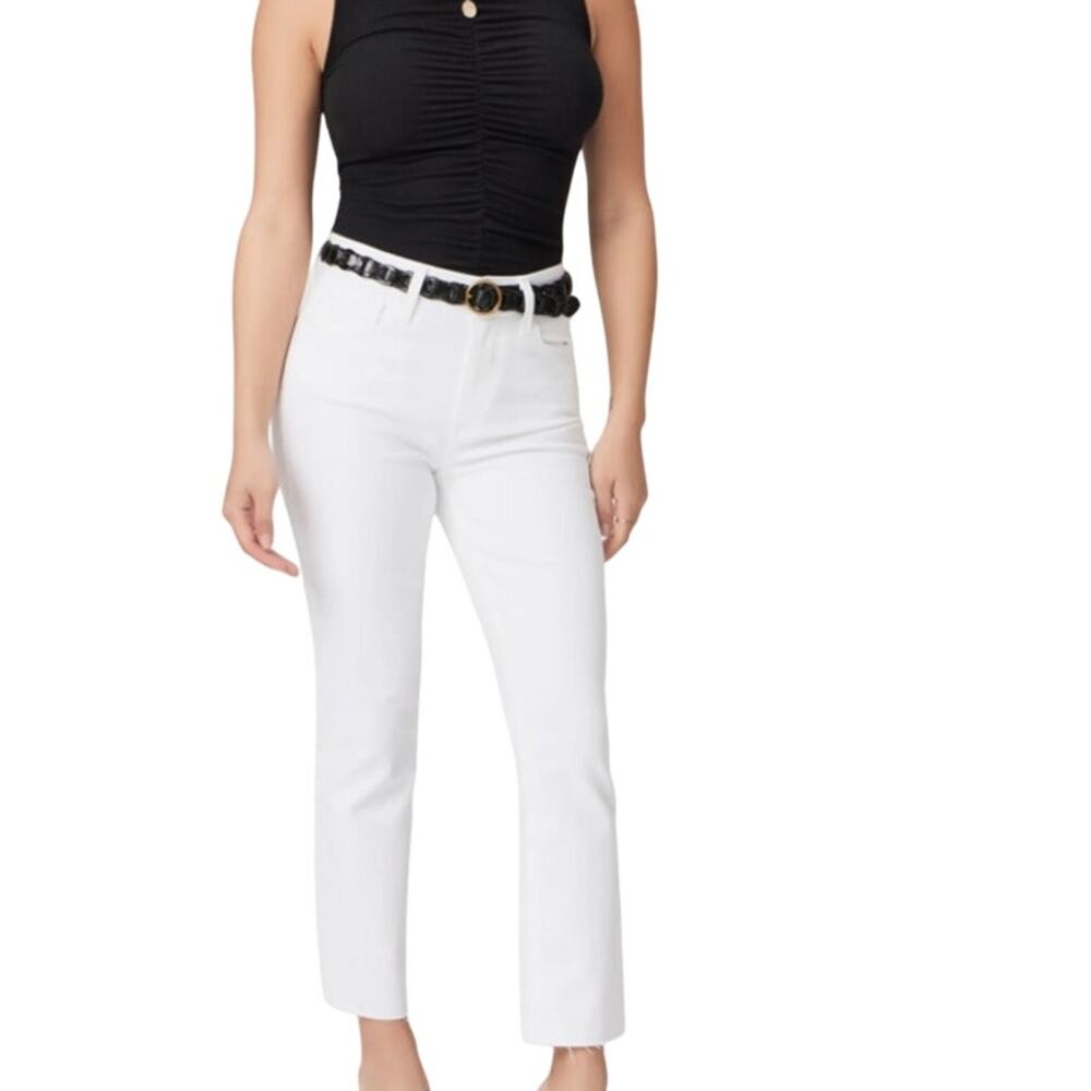 Paige Cindy Crop Denim Jeans Raw Hem Stretch Straight Fit Mid Rise 27 Designer